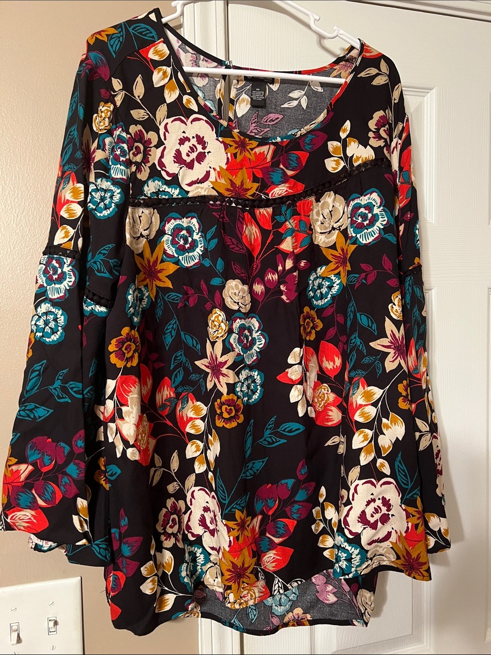 New Directions Woman Black Floral Tunic with Teal and Mustard Accents